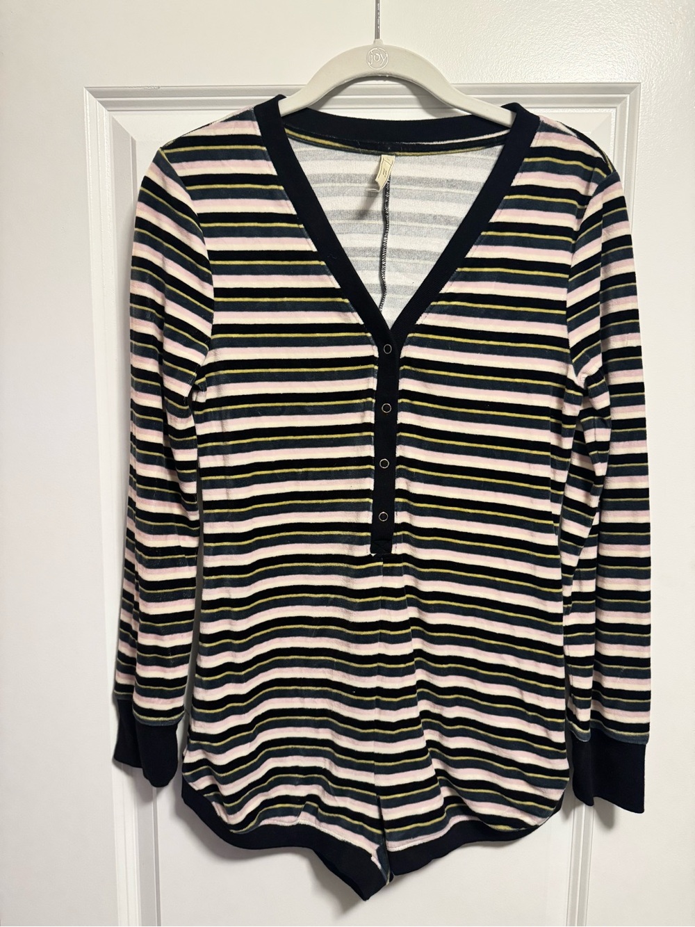 Free People Black, Pink & Cream Striped Henley Shorts Romper